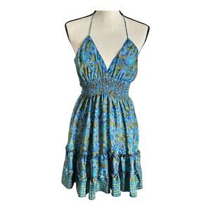 Zury‎ SILK Blend Floral Dress Halter Tiered Flowy Green Blue High/Low Free Size